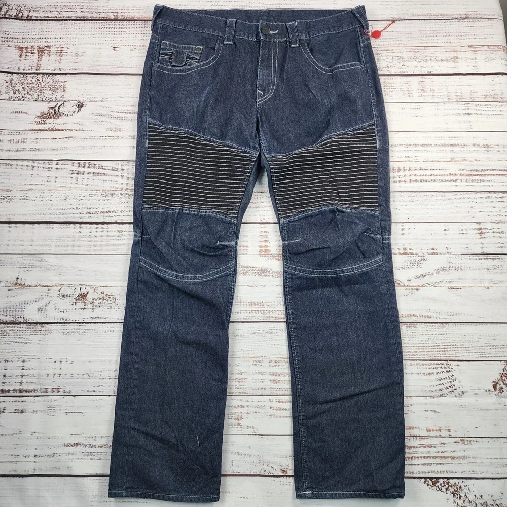 NWOT True Religion Moto‎ Slim Run Jeans Mens 38x32 Dark Wash Biker Western